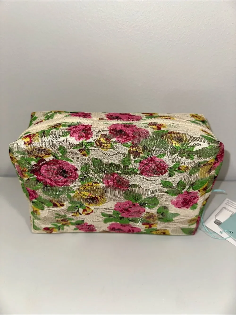 Urban Essentials Ivory Pink Green Yellow Rose Floral Lace Beauty Cosmetic Bag